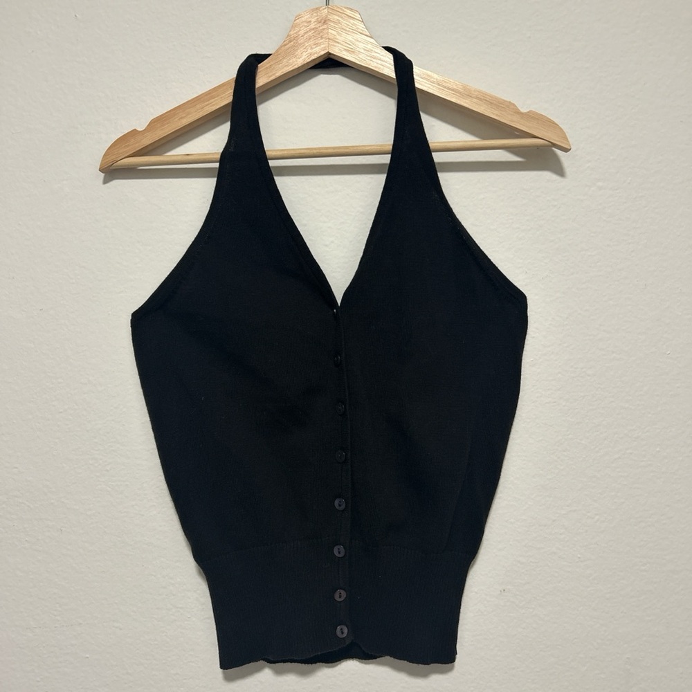 Vintage Black Halter Neck Button-Up Sweater Top Small